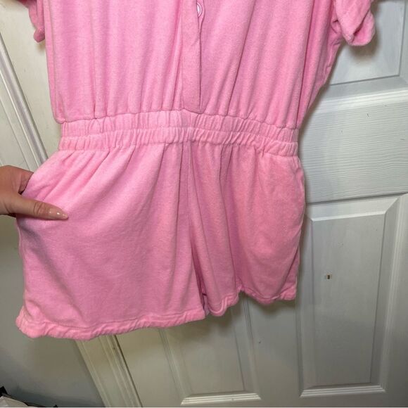 The Good American Terry Cloth Cinched Waist Pink Romper Short Sleeves - Picture 10 of 16